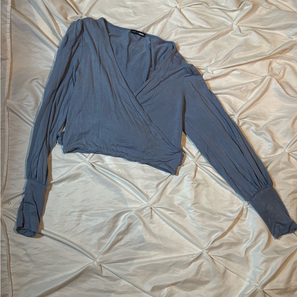 Fashion Nova Slate Blue Wrap Blouse